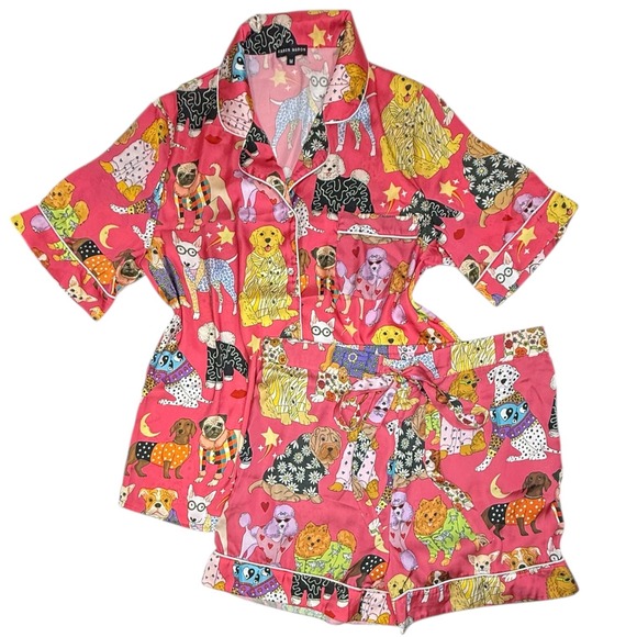 Karen Mabon Other - KAREN MABON Fashion Dogs Pink Satin Pajama Set Short Sleeve PJs Size Medium